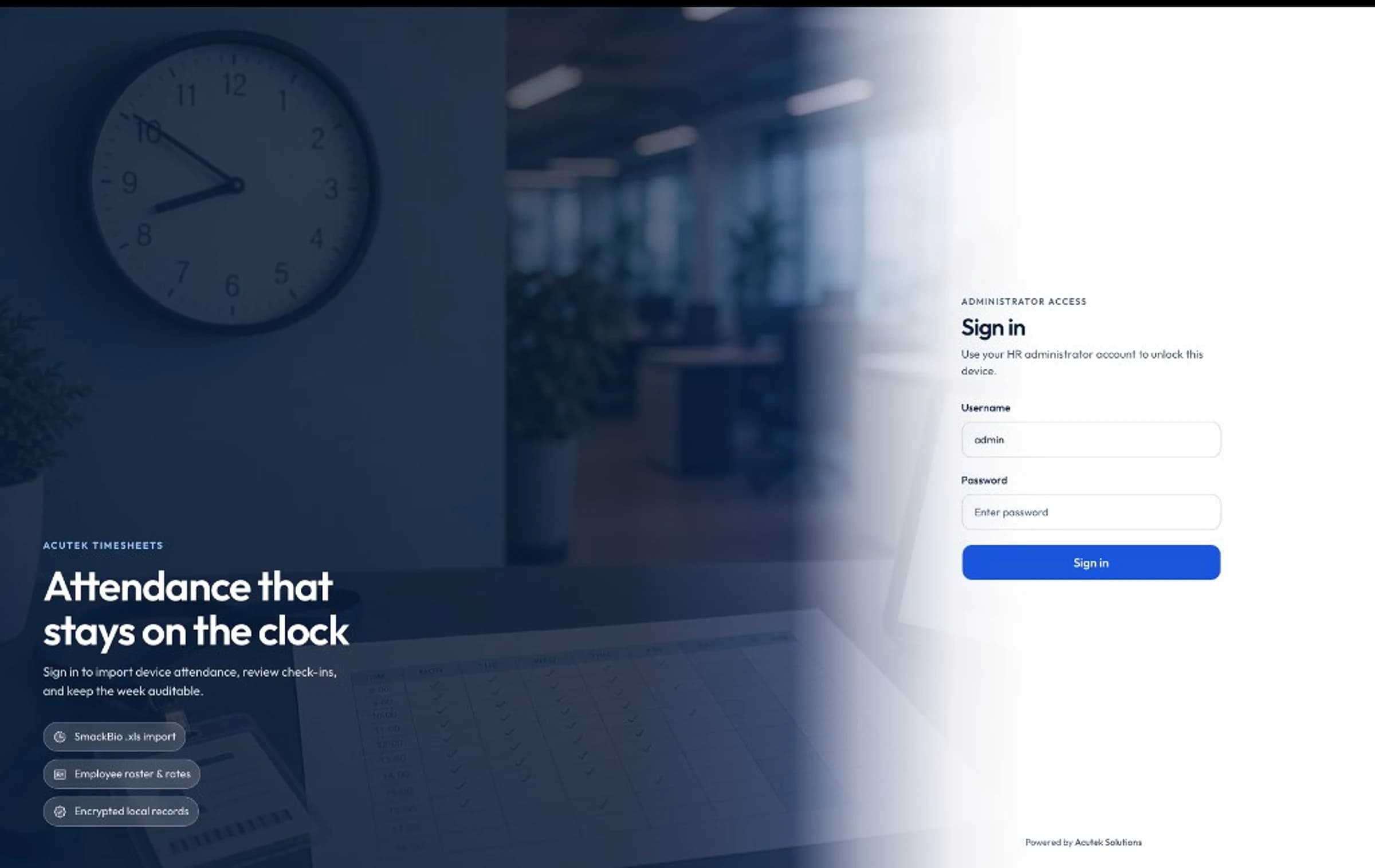 Acutek Timesheets HR administrator sign-in for secure timesheet and attendance access