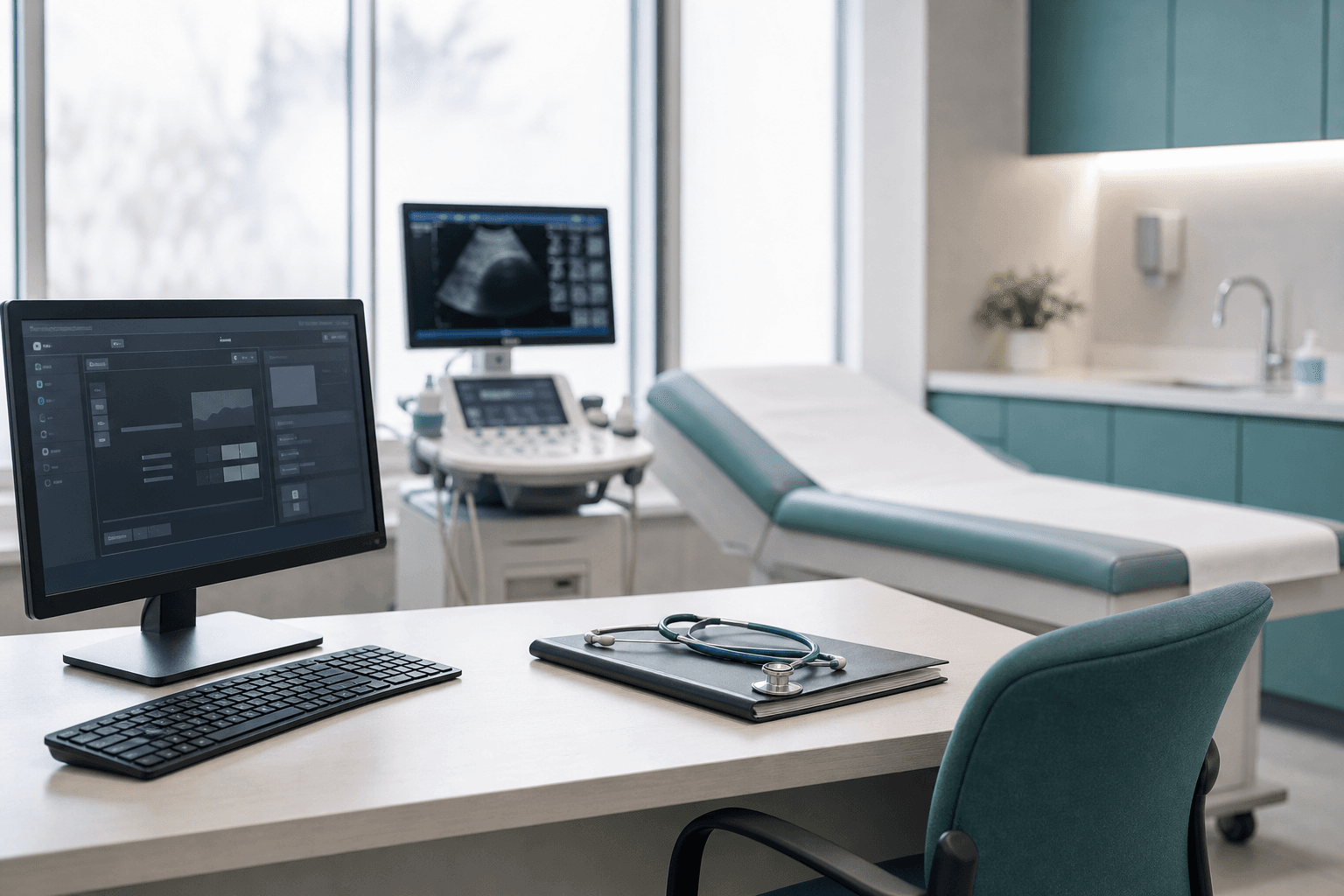 Diagnostic imaging clinic workstation with monitor and clinical supplies