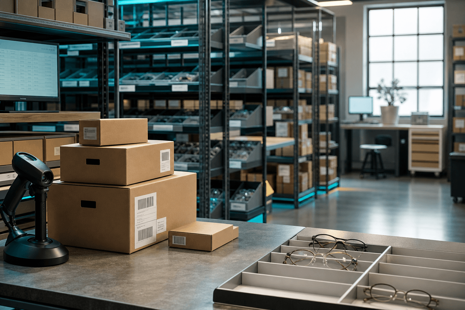 Optical distribution warehouse with frame shelves and packing station
